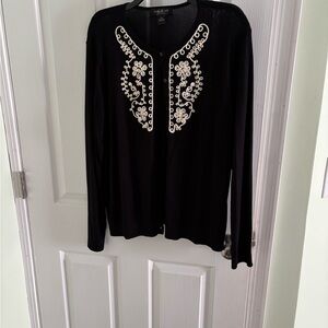 August Silk Black Cardigan with White Embroidery. Xxl